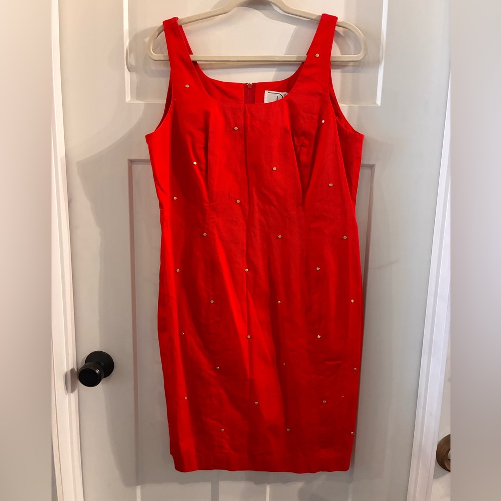 Red Stud-Embellished Midi Sheath Dress